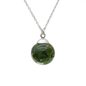 Pendant Necklaces Green Berzelia Lanuginosa Real Flower Resin Glass Ball Sterling Silver Color Chain Necklace Women Choker Boho Fashion