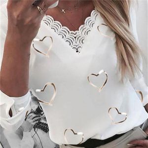 Women's Polos Fashion Office Elegant Women S Creative Hearts Print V-neck Lace Patchwork Long Sleeve Shirts