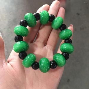 Länk armband naturliga myanmar grön jade handkuggade pärlor armband jadeit kvinnor män bön smaragd