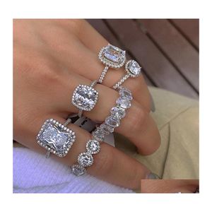 An￩is de casamento anel de designer de luxo real 925 Sterling Sier Princess Diamond for Woman White 5A Cubic Zirconia Square Heart Love Anniv Dhps0