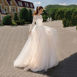 Stunning Beach A Line Wedding Dress For Women 2023 Lace Boho Long Sleeves Princess Scoop Neck Lace-up Back Tulle Bride Gown
