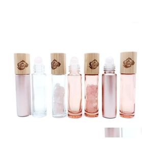 Storage Bottles Jars Rose Quartz Roller Bottle Pink Glass Essential Oil Natural Bamboo Lid Pattern Crystal Gemstone 10Pcs Drop Del Dho0A