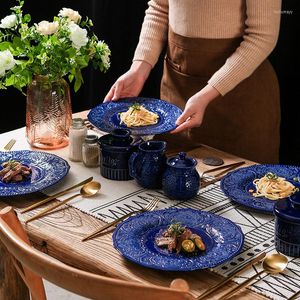 Plates Creative Relief Blue Glazed Ceramic Plate French Classics Milk Jug Sugar Can Steak Pastar Hushållens bordsartiklar