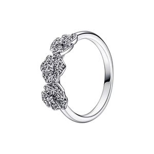 Dreifacher Stiefmütterchen-Blumenring für Pandora, authentischer Sterlingsilber-Damen-Hochzeitsschmuck, CZ-Diamant, Geschenk für Freundin, Verlobungsringe mit Originalverpackung