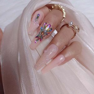 FALSE NAILS 24st Senaste lyxiga smycken Ballet Coffin Fake Crystal Diamond 2023 ljusrosa