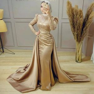 Modest Appliqued Mermaid Prom Dresses Sequined Muslim Evening Gowns With Detachable Train Long Sleeves High Neckline Special Occasion Formal Wear