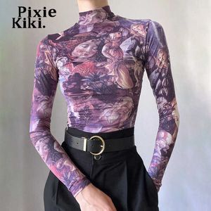 Koszulka damska Pixiekiki Renaissance Vintage Print Purple Graphic T Shirts Turtleck Long Rleeve Top Fall Winter Woman Clothing P85-BZ16 T230104