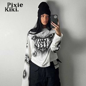 Camiseta de mujer PixieKiki Goth Grunge Camisetas gráficas Hip Hop Y2k Streetwear Moda Tops blancos Casual Camisetas sueltas de manga larga P85-BI25 T230104