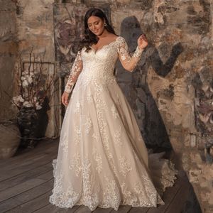 Abito da sposa in pizzo squisito A Line Plus Size scollo a V maniche lunghe Applique Sweep Train Vestido De Noiva Abito da sposa Abiti da sposa