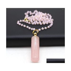 Pendant Necklaces Natural Semiprecious Stone Essential Oil Diffuser Per Bottle Cylindrical Rose Quartz Necklace Gift Jewelry Drop De Dh0Ps