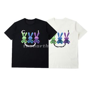 高級ファッションブランドメンズ Tシャツスリーリトルラビットレタープリント夏半袖ラウンドネックルーズ Tシャツカジュアルトップ黒アプリコット