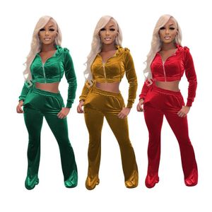 Fall Winter Velvet Tracksuits Mulheres macacas de moletom de manga comprida e calças de perna larga dois conjuntos de 2 peças combinando roupas casuais ternos de corredor de desbaste 8585