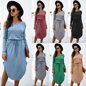 Vestidos casuais mulheres colorido sólido manto de lápis femme drawstriggolas de ombro inclinado de manga longa de manga longa para mulher vestido de mujer