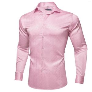 Men's Casual Shirts Luxury Men Silk Shirt Peach Pink Classic Long Sleeve Woven Turn-Down Collar Fit Groom Wedding Business Barry.Wang CY-547