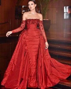 Red Luxury Mermaid Princess Evening Dresses with Detachable Train Off Shoulder Long Sleeve Gillter 3D Floral Arabic Prom Gown