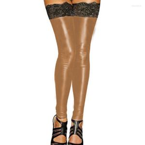 Kvinnors strumpor 16 färger lapptäcken Strumpor Special Footless Long Ben Wear Shiny Stretchy Faux Leather Black Lace Dancing