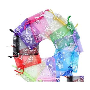 Gift Wrap 100Pcs 10X12Cm Butterfly Design Organza Transparent Chiffon Jewelry Bags Tle Fabric Wedding Bag Drop Delivery Home Garden Dhzcd