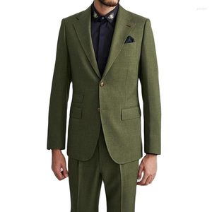 Men's Suits 2Pcs Blazer Trousers Olive Green Notched Lapel Single Breasted Men Sets Wedding Wear Business Formal Slim Fit Jacket Pants