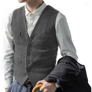 Mäns västar eleganta herrdräkt väst ullblandning ärmlös V-ringning knapp smal passform Herringbone Waistcoat för bröllopsbrudgum Party Dress