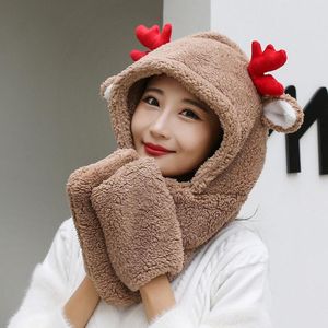 Scarves Cute Elk Ear Hat Scarf Gloves Set Winter Women Novelty Caps Warm Casual Plush Hats Solid Fleece Girl Kawaii Accessories