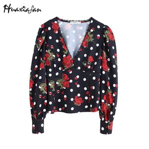 Women's Blouses & Shirts Huaxiafan Blouse Women Polk Dot Floral Printed Puff Sleeve V Neck-line Red Rose Elegant Female Autumn Black Lace To