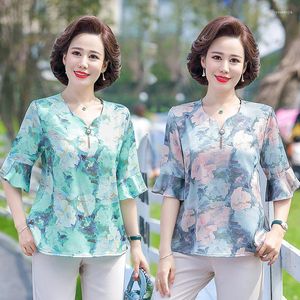 Kvinnor BLOUSES PEARL-knappar V-Neck Pullover Chiffon Shirts For Women Summer Clothing Middle Aged Mother Half Sleeve Print Tops