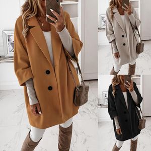 Women's Wool & Blends Women Casual Coat Autumn Winter 3/4 Sleeve Pockets Buttons Long Coats Loose Jacket Elegant Office Lady Plus Size Top O