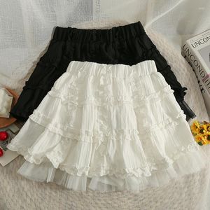 Skirts Korean Kawaii White Slim Mini Women Skirt Elastic Waist Edible Tree Black Jupe Summer Sweet Mesh Patchwork Femme Jupes