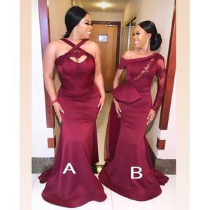 Moda Borgonha Mermaid Damaid Dresses Apliques Lace Apliques Vestido formal de baile africano de festas de casamento longa