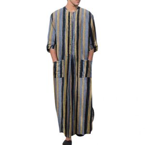 Men's Casual Shirts Single-breasted Stylish Striped Loose Robe Shirt Ankle Length Gown Three Quarter Sleeve For Daily Wear