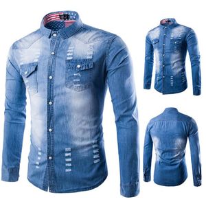 Camisas casuais masculinas primavera e outono 2023 produtos lavados camisa de jeans branca tendência tendência de manga longa slim tampo top harajuku