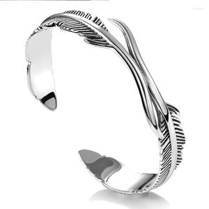 Bangle Tibetan Silver Feather Stainless Steel Bracelet Open Bangles Bracelets For Women Men Punk Jewelry Couple Masculina Wholesale