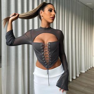 Camisetas femininas Autumn Sexy Mesh Bandage Shirt Club Roup For Women 2023 Manga longa o pescoço Top Top feminino Moda sólida Tee