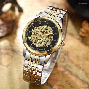 Orologi da polso BOX Lusso Drago cinese Orologi da uomo Automatico MECCANICO Orologio da polso dorato Acciaio inossidabile Lancette luminose Scheletro maschile Reloj