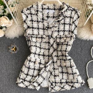 Kvinnors västar Spring Autumn Vintage Small Fragrance Tweed Short Vest Women V-Neck Slim Plaid Waistcoat