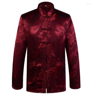 メンズカジュアルシャツ中国の伝統的なメンズサテンマンダリンカラードラゴンシルクタンスーツ衣料品ジャケットコート