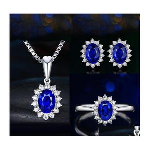 Wedding Jewelry Sets Arrival Saprkling Luxury Set 925 Sterling Sier Oval Cut Blue Sapphire Cz Diamond Women Earring Ring Necklace Dr Dhsdv