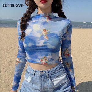 Kvinnors blusar skjortor Junelove Angel Print Sheer Blue Black Mesh långärmad blus Kvinnor Summer Pullovers Elegant Sexig See Through Tops 230106