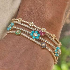 Charm Bracelets Blue Green CZ Colorful Flower 3mm Tennis Link Chain Bracelet For Women Girls Iced Out Bling Paved Daisy