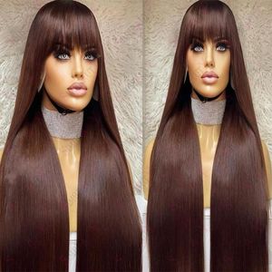 Color #2 Dark Brown13X6 Lace Front Wig Bangs 360 Frontal Silly Straight Glueless Human Hair Wigs Fringe Peruvian Remy