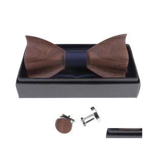 Handdukar 1Set Wood Tie Pocket Square Cufflink Wood Bow Men Accessories Wedding Fashion Ties Set Drop Delivery Dhunp