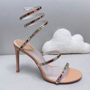 Flerfärgade diamantsandaler för kvinnor Rene Caovilla Luxury Designer Crystal Rhinestone Stiletto Heel Ankle Strap Dress Shoes 10cm High Heeled Sandal 35-43