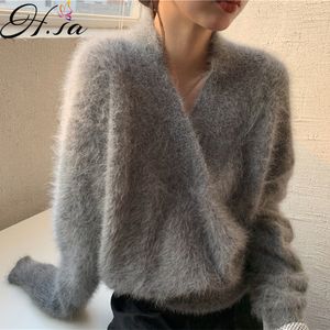 Men's Sweaters Hsa Women Spring Knitwear Jumpers Mohair V neck Mink Fur Pullover Korean Solid Fake Chic Coat 230105