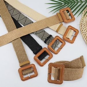 Belts Bohemia Elastic Belt Girdle Women's Beach PP Grass Knitting Wide Waist Square Buckle Weave Fake Straw Braided