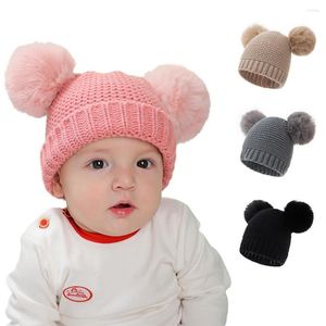 Basker 2023 mode baby vinter varm stickad hatt med päls bollar barn pompom solid söt härlig beanie cap 0-3y gåvor