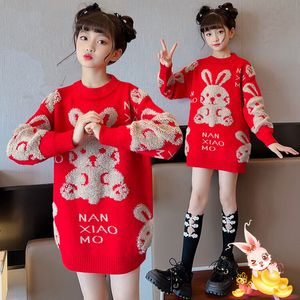 Kleidung Sets 2023 Weihnachten Jahr 110 170 cm Familie Passende Kleidung Outfits Teenager Mädchen Gestrickte Kaninchen Rot Pullover Für Mutter tochter 230105