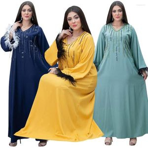 Ubranie etniczne Abaya muzułmańska sukienka kobiet V Neck Diamond Panel Pióro Patchwork Dubai Arabia Oman Turcja luźna skromna szata kaftan impreza