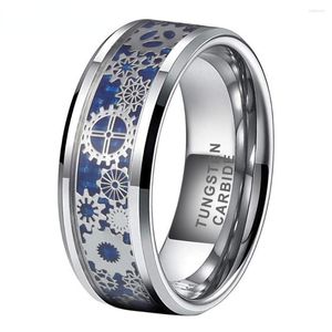 Bröllopsringar 8mm Blue Carbon Fiber Steampunk Gear Inlay Tungsten Ring For Men Women Band Fashion Jewelry Comfort Fit