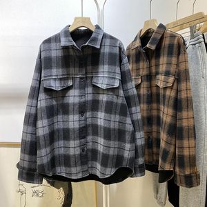 Camicette da donna Fidanzato da donna a quadri larghi a maniche lunghe 2023 Autunno Inverno Colletto rovesciato Addensare in pile Camicia con bottoni casual Top