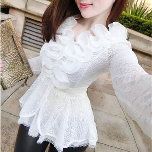 Kadın bluzları bahar sonbahar kadın moda bluz tatlı çiçek dantel gömlek uzun kollu örgü fırçalar seksi bayan ince kısa blusas üstleri